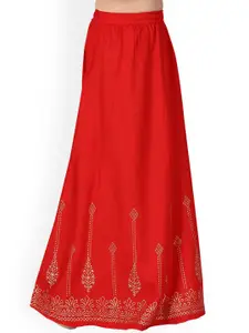 Aarika Girls Red Printed Pure Cotton Flared Maxi Skirts