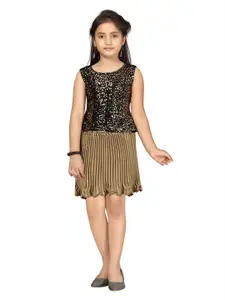 Aarika Girls Black & Golden Sequin Embellished Top with Accordion Pleated Skirt