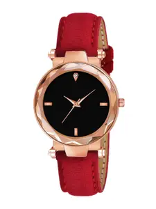 SWADESI STUFF Women Black Dial & Red Leather Straps Analogue Watch