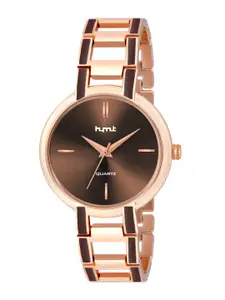 HYMT Women Brown Dial & Rose Gold Toned Stainless Steel Bracelet Style Straps Analogue Watch