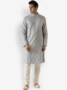 KISAH Men Grey Ethnic Motifs Embroidered Thread Work Kurta
