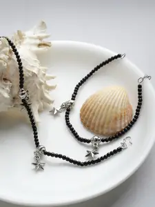 PANASH Set Of 2 Oxidized Silver-Plated Black Beaded Star Shaped Handcrafted Anklets