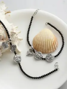 PANASH Set Of 2 Oxidized Silver-Plated Black Beaded Paisley Shaped Handcrafted Anklets