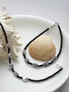 PANASH Set Of 2 Oxidised Silver-Plated Black Beaded Handcrafted Anklets