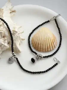 PANASH Set Of 2 Oxidized Silver-Plated Black Beaded Handcrafted Anklets