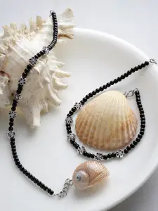 PANASH Set Of 2 Silver-Plated Black Beaded Floral Handcrafted Anklets