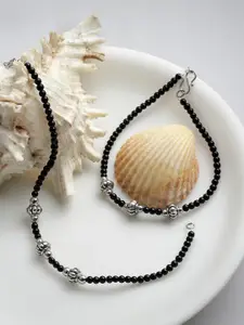 PANASH Set Of 2 Oxidised Silver-Plated Black Beaded Handcrafted Anklets
