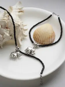 PANASH Set Of 2 Silver-Plated Black Beaded Elephant Shaped Handcrafted Anklets