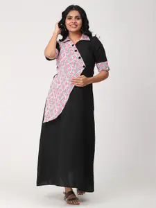 CHARISMOMIC Black & Pink Ethnic Motifs Maternity Maxi Dress