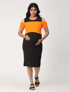 CHARISMOMIC Black Colourblocked Maternity Cold Shoulder Sleeves Midi Dress