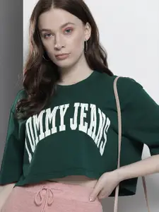 Tommy Hilfiger Women Green & White Printed Extended Sleeves T-shirt