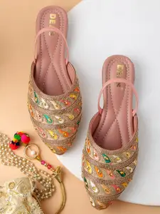 DEAS Women Gold-Toned And Pink Ethnic Mules Flats