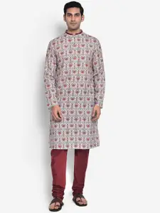 KISAH Men Cream-Coloured & Maroon Ethnic Motifs Printed Cotton Thread Work Kurta