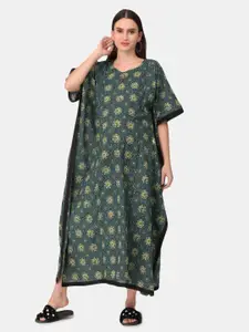 The Mom Store Green Printed Maternity Pure Cotton Maxi Nightdress