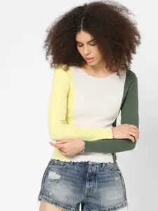 ONLY Women Off White & Olive Green Colourblocked Slim Fit T-shirt