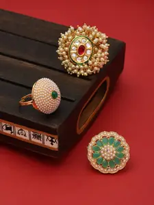 Zaveri Pearls Set Of 3 Gold-Plated White & Green Kundan-Studded & Beaded Finger Rings