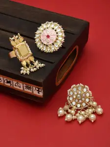 Zaveri Pearls Set of 3 Gold-Plated White Stone Studded & Beaded Finger Ring