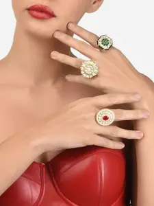Zaveri Pearls Set Of 3 Gold-Plated White Stone-Studded & Beaded Adjustable Finger Rings