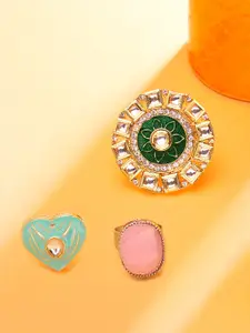 Zaveri Pearls Set Of 3 Gold-Plated  Green & Pink Stone Studded Finger Rings