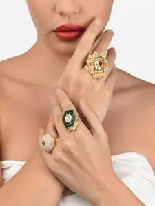 Zaveri Pearls Set Of 3 Gold-Plated Stone-Studded & Beaded Adjustable Finger Rings