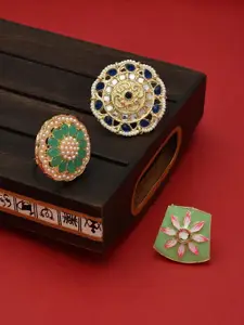 Zaveri Pearls Set of 3 Gold-Plated & Green Stone Studded Adjustable Finger Rings