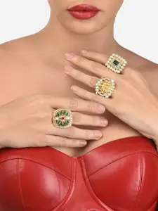 Zaveri Pearls Set Of 3 Gold-Plated Multicolored Stone-Studded Adjustable Finger Rings