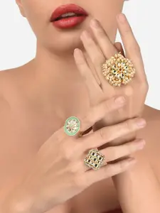 Zaveri Pearls Set of 3 Gold-Plated White & Green Stone Studded Adjustable Finger Rings