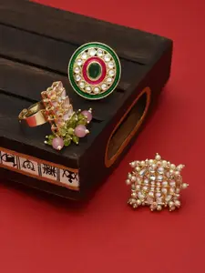 Zaveri Pearls Set of 3 Gold-Plated Stone-Studded & Beaded Adjustable Finger Rings