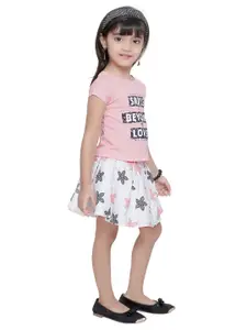 Tiny Girl Girls Peach-Coloured & White Printed Pure Cotton Top with Skirt