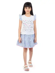 Tiny Girl Girls Blue & White Printed Pure Cotton Top With Skirt