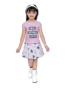 Tiny Girl Printed Pure Cotton Round Neck Top with Skirt Clothing Set