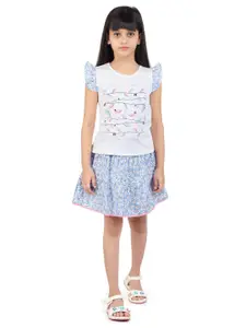 Tiny Girl Girls Blue & Grey Printed Pure Cotton Top with Skirt