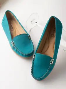 Shoetopia Women Turquoise Blue Solid Suede Loafers
