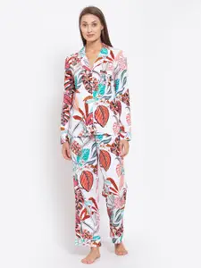 YOONOY Women White & Multicoloured Floral Printed Night Suit