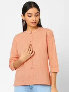 KAMI KUBI Peach-Coloured Printed Shirt Style Pure Cotton Top