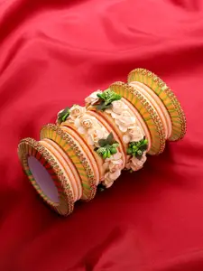 Priyaasi Priyaasi Set Of 18 Peach-Colored & Green Floral Handcrafted Bangles