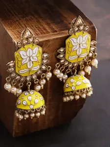 Priyaasi Yellow-Toned & Gold-Plated Meenakari Jhumka Earrings