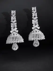 Priyaasi Silver-Toned & Rhodium-Plated AD-Studded Jhumkas Earrings