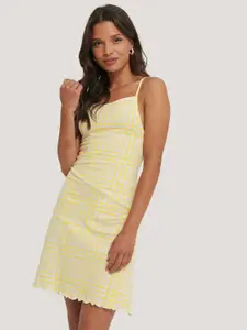 NA-KD Women Yellow & White Checked Pure Cotton A-Line Dress