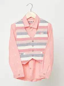 Fabindia Boys Pink & White Printed Cotton Casual Shirt With Waistcoat