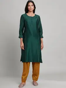 W The Folksong Collection Women Green Solid Cotton Silk A-Line Kurta