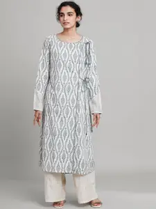W The Folksong Collection Women White & Blue Ethnic Motifs Printed Kurta