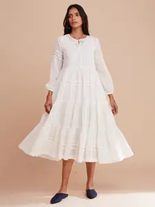 W The Folksong Collection White Self Design Tie-Up Neck Ethnic Midi A-Line Cotton Dress