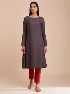 W The Folksong Collection Women Grey Solid Thread Work A-Line Silk Kurta