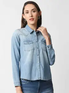 Pepe Jeans Women Blue Faded Cotton Casual Shirt