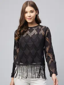StyleStone Black Fringed Lace Sheer Top