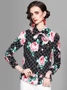 JC Collection Women Black Floral Printed Tie Up Neck Casual Shirt