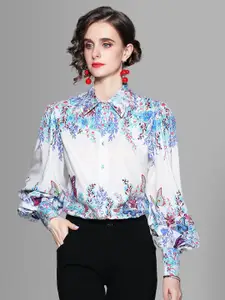 JC Collection Women White Floral Printed Puff Sleeves Casual Shirt