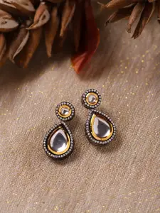 Ruby Raang Silver-Plated Teardrop Shape Kundan Studded Drop Earrings