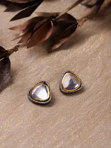 Ruby Raang Silver-Plated Triangular Kundan Studded Studs Earrings